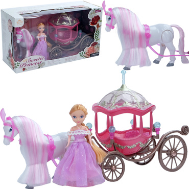 KARETA DYNIA Z CHODZĄCYM KONIEM i LALKĄ KSIĘŻNICZKĄ Chodzący KOŃ KAROCA RÓŻOWA