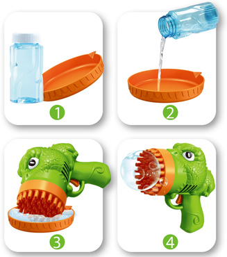 PISTOLET DO BANIEK DINO + PŁYN DINOZAUR MASZYNKA DO BANIEK BAŃKI MYDLANE KOLORY