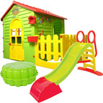 DOMEK OGRODOWY Z PŁOTKIEM ZJEŻDŻALNIA PIASKOWNICA PLAC ZABAW ZESTAW 3W1