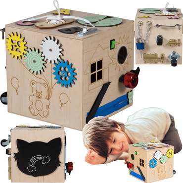 DREWNIANA KOSTKA MANIPULACYJNA SENSORYCZNA MONTESSORI 16W1 NATURALNA