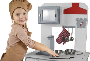 DUŻA DREWNIANA KUCHNIA DLA DZIECI DREWNIANA ŚWIATŁO ZESTAW NACZYŃ ZE STALI