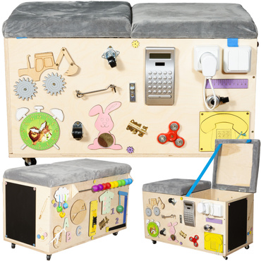 SKRZYNIA PUFA MANIPULACYJNA na zabawki TABLICA MONTESSORI na kółkach