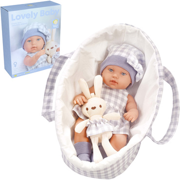 LALKA BOBAS REALISTYCZNA Z KRÓLICZKIEM + NOSIDEŁKO AKCESORIA łóżeczko 33 cm NA PREZENT 