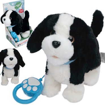 PIESEK INTERAKTYWNY CHODZĄCY NA SMYCZY PIES CHODZI SZCZEKA MERDA LIŻE REAGUJE NA DOTYK