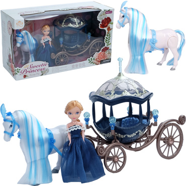 KARETA DYNIA Z CHODZĄCYM KONIEM i LALKĄ KSIĘŻNICZKĄ Chodzący KOŃ KAROCA NIEBIESKA