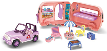 AUTO KAMPER DLA LALEK Z otwieraną PRZYCZEPĄ KEMPINGOWĄ + MEBELKI ZESTAW