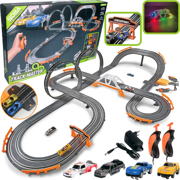 DUŻY TOR SAMOCHODOWY Wyścigowy ELEKTRYCZNY 838cm PĘTLE 2 AUTA ZASILACZ światło LED