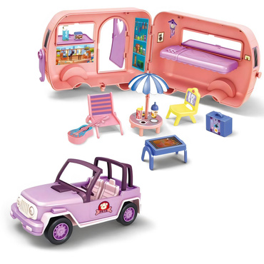 AUTO KAMPER DLA LALEK Z otwieraną PRZYCZEPĄ KEMPINGOWĄ + MEBELKI ZESTAW