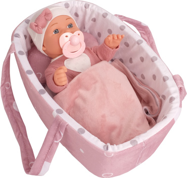 LALKA BOBAS ZE SZKLANYMI OCZAMI NOSIDEŁKO AKCESORIA łóżeczko ZESTAW NA PREZENT 