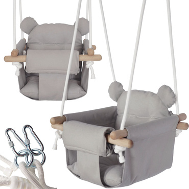 DREWNIANA HUŚTAWKA DLA DZIECI niemowląt MIĘKKA BEZPIECZNA FOTELIK Z PASAMI 6M+