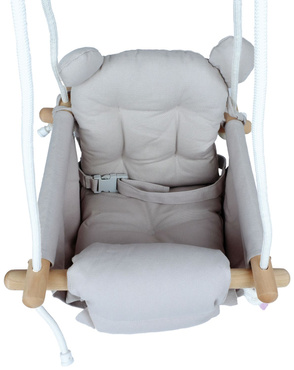 DREWNIANA HUŚTAWKA DLA DZIECI niemowląt MIĘKKA BEZPIECZNA FOTELIK Z PASAMI 6M+