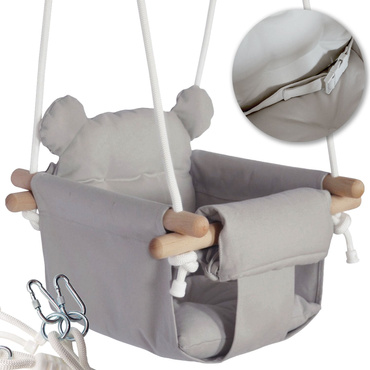 DREWNIANA HUŚTAWKA DLA DZIECI niemowląt MIĘKKA BEZPIECZNA FOTELIK Z PASAMI 6M+