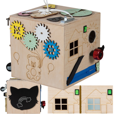DREWNIANA KOSTKA MANIPULACYJNA SENSORYCZNA MONTESSORI 16W1 NATURALNA