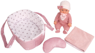 LALKA BOBAS ZE SZKLANYMI OCZAMI NOSIDEŁKO AKCESORIA łóżeczko ZESTAW NA PREZENT 