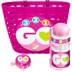 KOSZYK BIDON DZWONEK NA ROWER HULAJNOGĘ ZESTAW RÓŻOWY 3W1