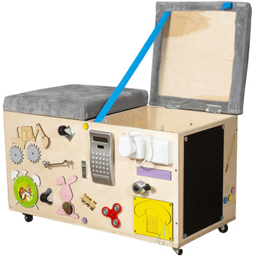 SKRZYNIA PUFA MANIPULACYJNA na zabawki TABLICA MONTESSORI na kółkach