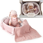 LALKA BOBAS ZE SZKLANYMI OCZAMI NOSIDEŁKO AKCESORIA łóżeczko ZESTAW NA PREZENT 