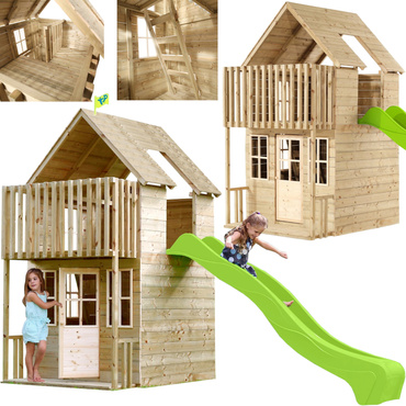 DOMEK DREWNIANY DWUPIĘTROWY OGRODOWY dla dzieci + ZJEŻDŻALNIA 225cm TP Toys