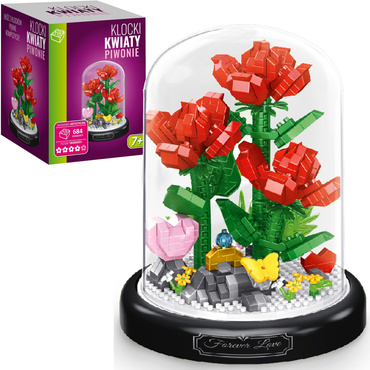 KLOCKI KWIATY CZERWONE PIWONIE ZESTAW 648 el. POD KLOSZEM