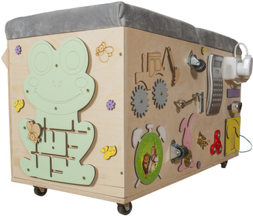 SKRZYNIA PUFA MANIPULACYJNA na zabawki TABLICA MONTESSORI na kółkach