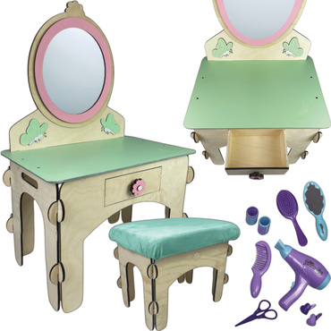 DREWNIANA TOALETKA Z TABORETEM I AKCESORIAMI 