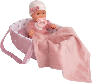 LALKA BOBAS ZE SZKLANYMI OCZAMI NOSIDEŁKO AKCESORIA łóżeczko ZESTAW NA PREZENT 