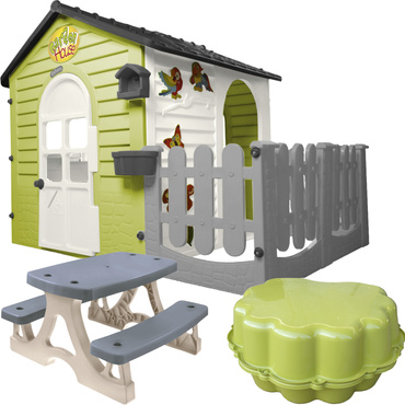 DOMEK OGRODOWY Z PŁOTKIEM STOLIK PIASKOWNICA ZESTAW 3w1 PLAC ZABAW Mochtoys