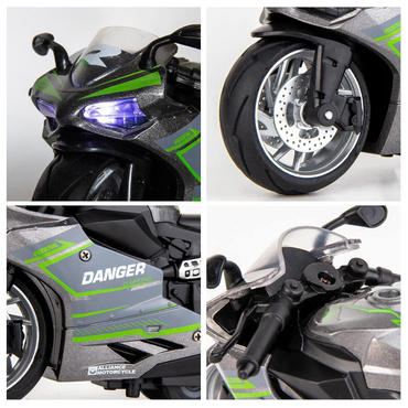 MOTOCYKL Z NAPĘDEM MOTOR Światło Dźwięk POJAZD ŚCIGACZ SZARY Z ZIELONYM