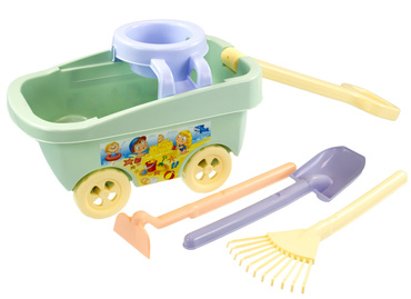 MOCHTOYS WÓZEK NA ZABAWKI PRZYCZEPKA Z ZESTAWEM DO OGRODU PIASKU ZIELONY PASTELOWY