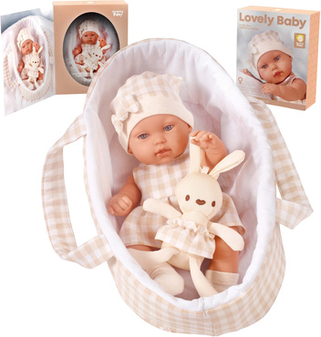 LALKA BOBAS REALISTYCZNA Z KRÓLICZKIEM + NOSIDEŁKO AKCESORIA łóżeczko 33 cm NA PREZENT 