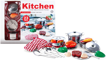 ZESTAW KUCHENNY NACZYŃ GARNKÓW + DODATKI dla dzieci METALOWE NACZYNIA 23EL
