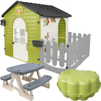 DOMEK OGRODOWY Z PŁOTKIEM STOLIK PIASKOWNICA ZESTAW 3w1 PLAC ZABAW Mochtoys