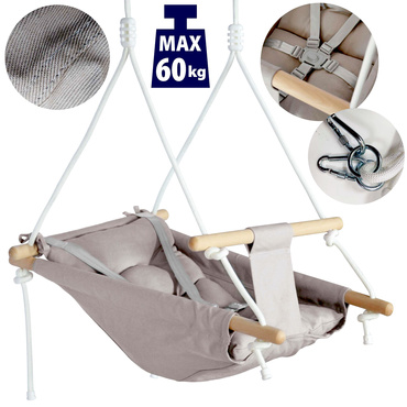 DREWNIANA HUŚTAWKA LEŻACZEK DLA DZIECI z pasami 3w1 MIĘKKA BEZPIECZNA KOŁYSKA HAMAK