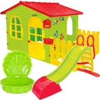 DOMEK OGRODOWY Z PŁOTKIEM ZJEŻDŻALNIA 180 PIASKOWNICA WIELKI PLAC ZABAW 3W1