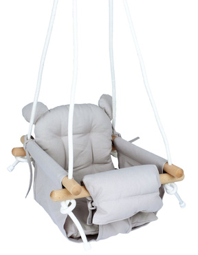 DREWNIANA HUŚTAWKA DLA DZIECI niemowląt MIĘKKA BEZPIECZNA FOTELIK Z PASAMI 6M+