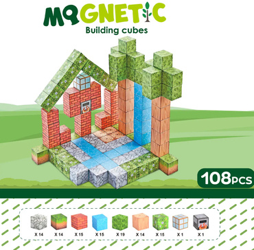 KLOCKI MAGNETYCZNE konstrukcyjne DLA DZIECI SZEŚCIANY PIKSELE KOSTKI 108el