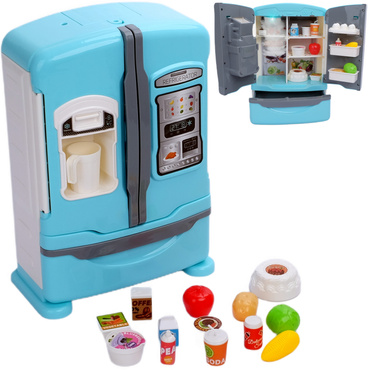 DUŻA LODÓWKA Z KOSTKARKĄ DLA DZIECI światło dźwięki PARA WODNA zestaw 28el