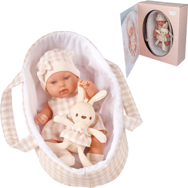 LALKA BOBAS REALISTYCZNA Z KRÓLICZKIEM + NOSIDEŁKO AKCESORIA łóżeczko 33 cm NA PREZENT 