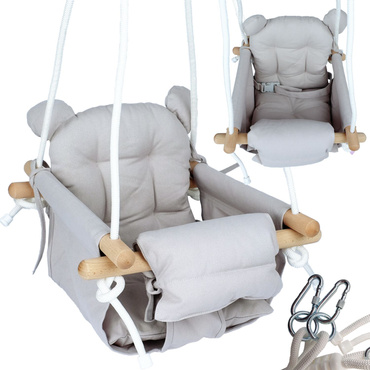 DREWNIANA HUŚTAWKA DLA DZIECI niemowląt MIĘKKA BEZPIECZNA FOTELIK Z PASAMI 6M+