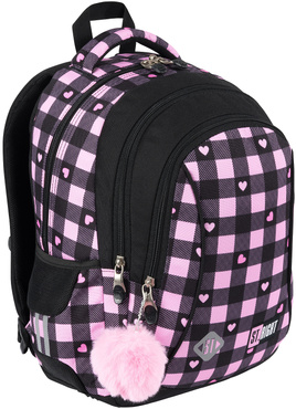 ST.RIGHT PLECAK SZKOLNY 3-KOMOROWY TORNISTER KLASA 1-3 SZACHOWNICA SERCA BP-26 PINK CHECKERED