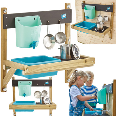 DREWNIANA KUCHNIA DO DOMKU OGRODOWEGO Kran + ZESTAW NACZYŃ  TP TOYS