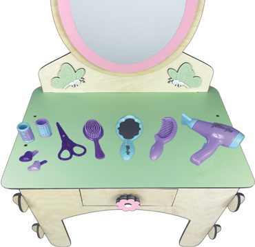 DREWNIANA TOALETKA Z TABORETEM I AKCESORIAMI 
