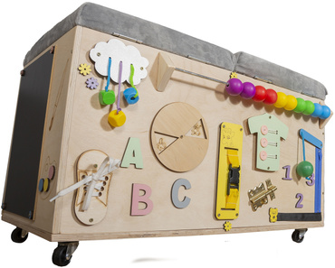 SKRZYNIA PUFA MANIPULACYJNA na zabawki TABLICA MONTESSORI na kółkach