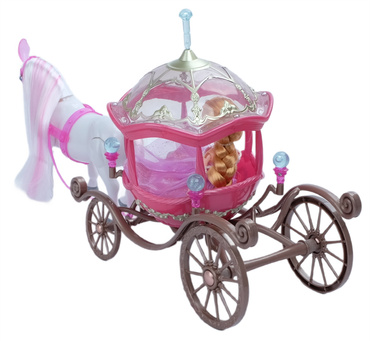 KARETA DYNIA Z CHODZĄCYM KONIEM i LALKĄ KSIĘŻNICZKĄ Chodzący KOŃ KAROCA RÓŻOWA