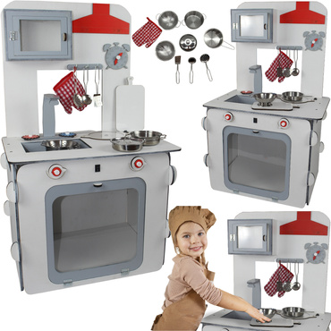 DUŻA DREWNIANA KUCHNIA DLA DZIECI DREWNIANA ŚWIATŁO ZESTAW NACZYŃ ZE STALI