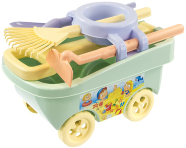 MOCHTOYS WÓZEK NA ZABAWKI PRZYCZEPKA Z ZESTAWEM DO OGRODU PIASKU ZIELONY PASTELOWY