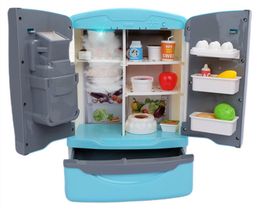 DUŻA LODÓWKA Z KOSTKARKĄ DLA DZIECI światło dźwięki PARA WODNA zestaw 28el