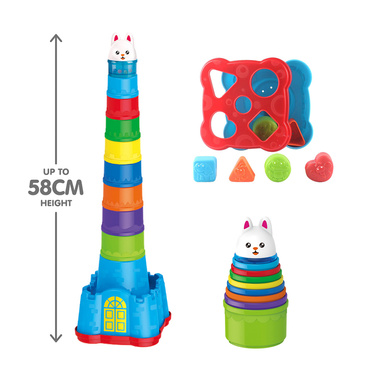 WYSOKA WIEŻA PIRAMIDKA DLA MALUCHÓW Sorter KUBECZKI 58cm ZAMEK KRÓLICZKA