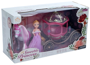 KARETA DYNIA Z CHODZĄCYM KONIEM i LALKĄ KSIĘŻNICZKĄ Chodzący KOŃ KAROCA RÓŻOWA