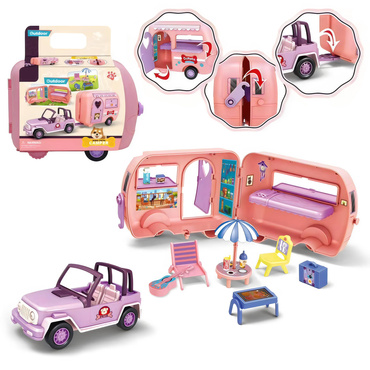 AUTO KAMPER DLA LALEK Z otwieraną PRZYCZEPĄ KEMPINGOWĄ + MEBELKI ZESTAW